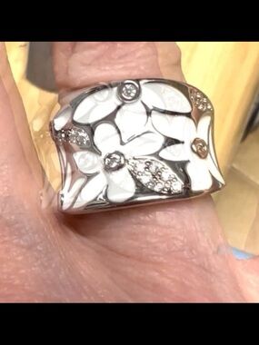 White Floral Enamel and Crystal Wide Band Ring